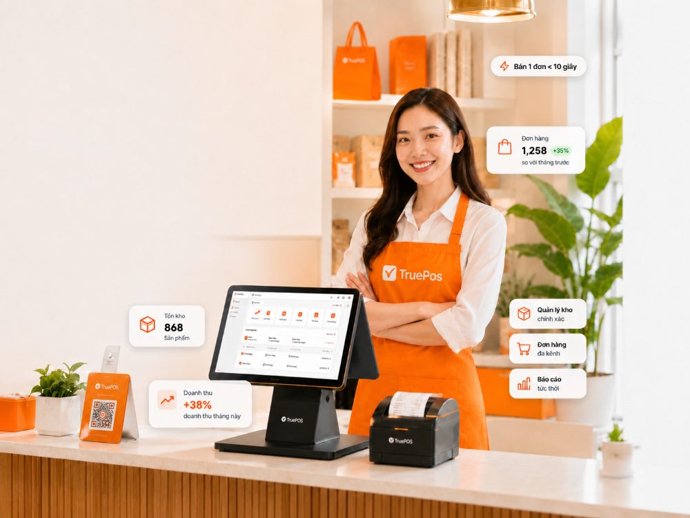 Chủ cửa hàng dùng TruePOS bán hàng tại quầy